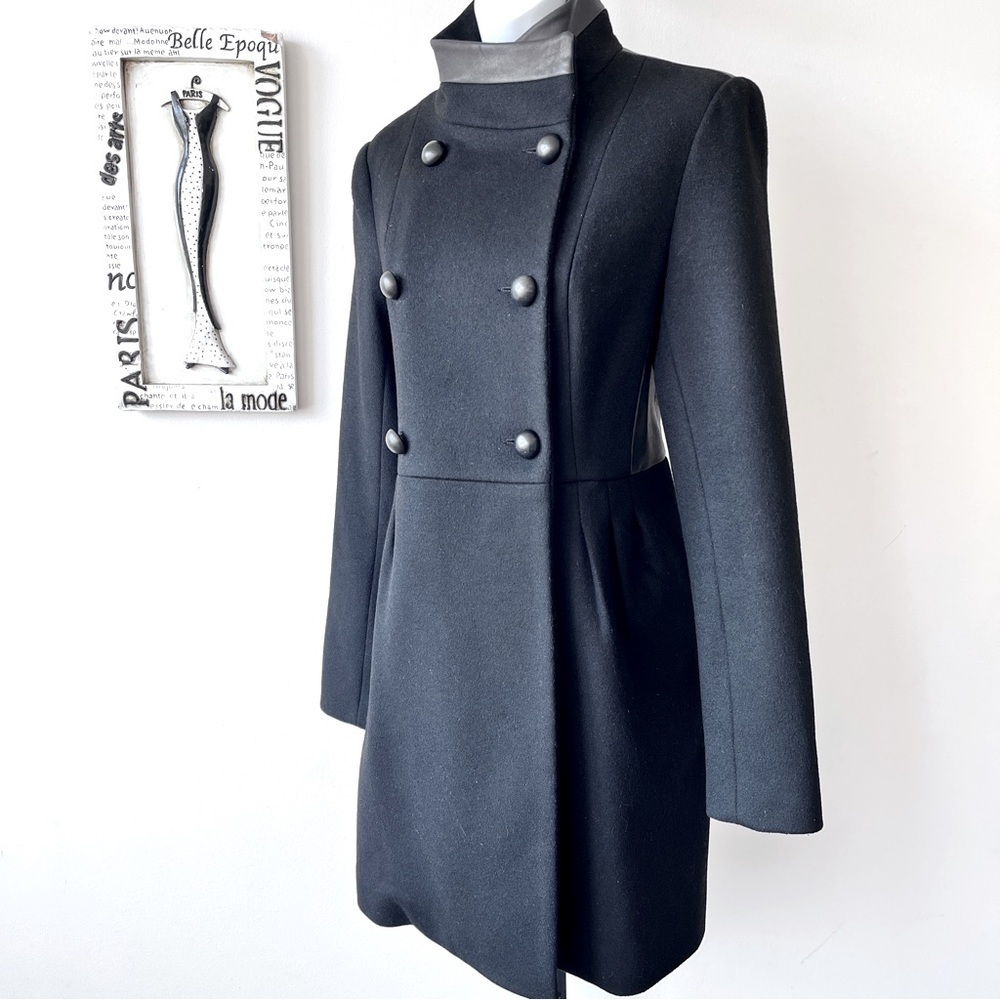 Badgley Mischka Scandi Girl Black Wool And Leather Women’s Fall Winter Coat M - Picture 2 of 11
